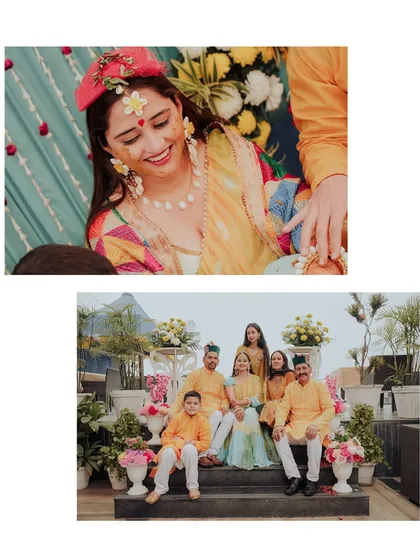 A diptych from a Haldi ceremony, showing a close-up of the bride's happy face and a wider shot of her with her family, all dressed in yellow.