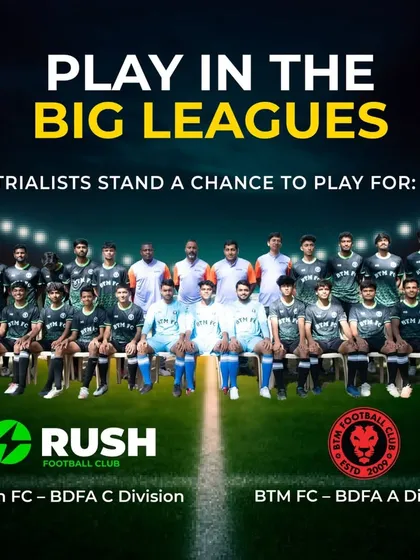 This is our clear, structured pathway to professional football. Players start at Rush FC in the BDFA C-Division and top performers are promoted to the BTM FC first team to compete in the KSFA A-Division, where talent scouting happens.