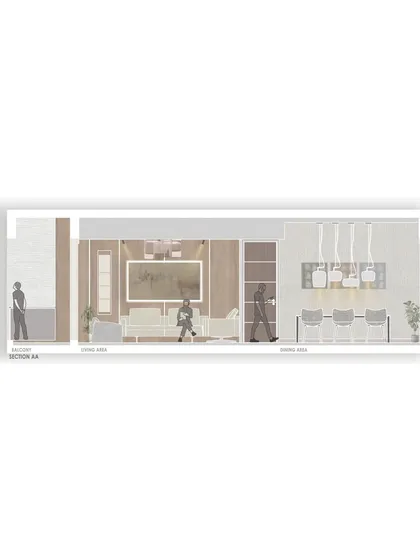 A colored section drawing of 'Pad By The Bay,' illustrating the intended material palette and atmosphere of the living and dining spaces.
