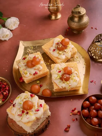 A fusion dessert of Gulab Jamun cheesecake bars. This top-down shot on a brass plate highlights the beautiful combination of Indian and Western dessert styles.