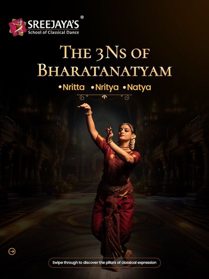 The 3 Ns of Bharatanatyam: Nritta, Nritya, and Natya. Swipe through to discover the three foundational pillars of classical expression.