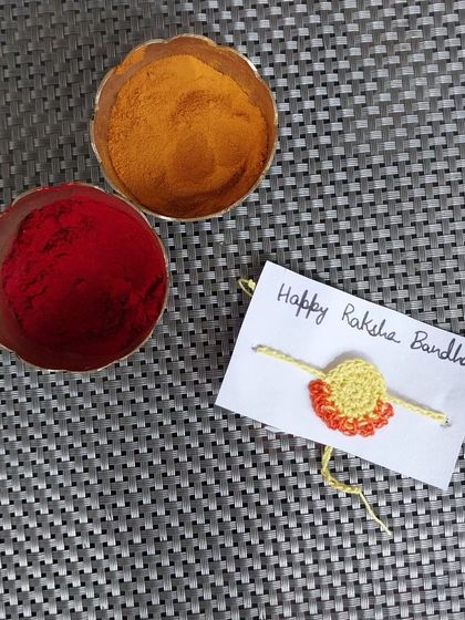 Another variation of the simple crochet rakhi design. All my rakhis are made with soft yarn for comfort.