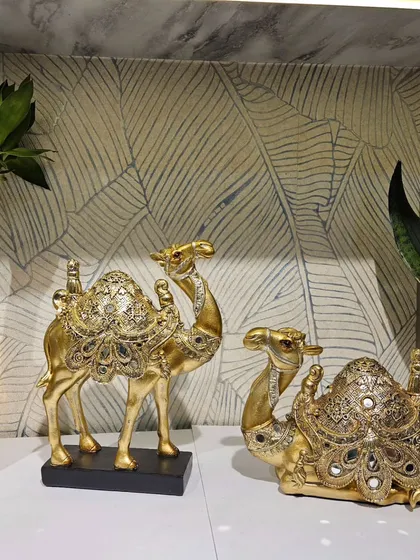 A different angle of the camel pair, showing the intricate details on their saddles.