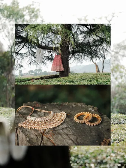 An artistic shot of the wedding outfits and jewelry in a natural setting. This photo creatively documents the essential details of the couple's look.