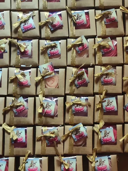 A large batch of the festival return favors, each one carefully packaged.
