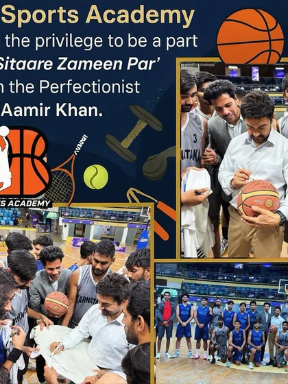 A collage showcasing our academy's involvement in the film. From signing basketballs to team photos, it was an unforgettable experience with the perfectionist, Mr. Aamir Khan.