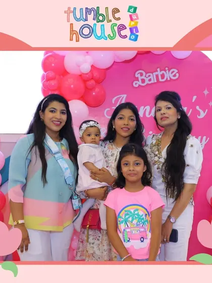 A lovely group of ladies and children posing at a pink-themed Barbie party. My venue is perfect for creating Instagram-worthy moments.
