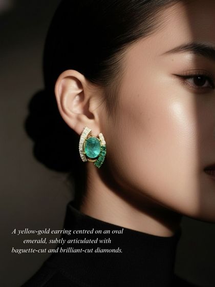 A yellow-gold earring centered on an oval emerald, subtly articulated with baguette-cut and brilliant-cut diamonds. A piece of wearable art.