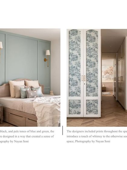 A press feature highlighting a bedroom with a sage green paneled wall and another image showing our use of toile-patterned wardrobe doors.