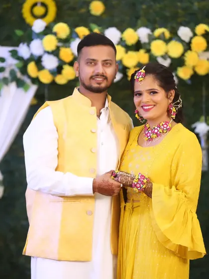 A sweet portrait of the couple during their Haldi ceremony.