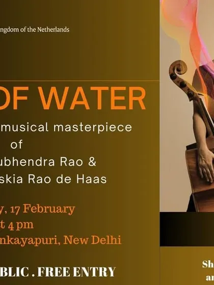 The official poster for our "Song of Water" concert at Nehru Park, presented in association with the Embassy of the Netherlands.