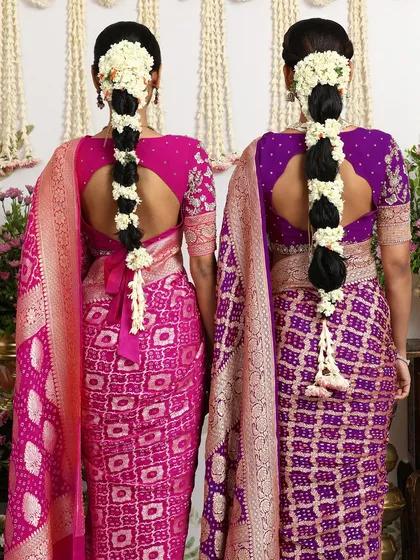 The beautiful back details of the blouses and the traditional hairstyles complement the sarees perfectly.