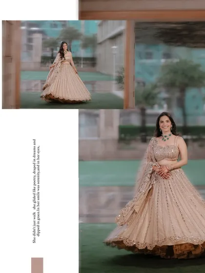 An artistic layout focusing on the bride's solo portraits, showcasing her twirling in her beautiful lehenga.