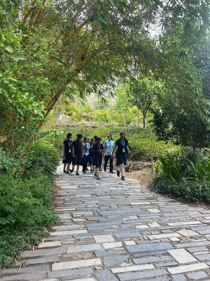 A landscape is truly successful when people use and enjoy it. Here, students at Avasara Academy walk along a stone pathway shaded by bamboo, fully immersed in the natural environment we created for their campus.