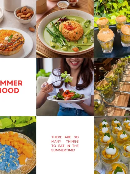 A mood board capturing the taste of summer, from fresh salads and fruity desserts to light and vibrant main courses.