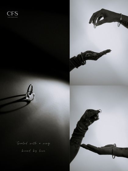 Sealed with a ring, bound by love. An artistic black and white study of the engagement ring, from a solo shot to the couple exchanging it.
