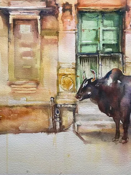 This painting of the 'purani galiyan' of Banaras captures the soul of India that I love to paint. This watercolor piece, featuring a classic Indian street scene with its old architecture and a resting cow, is a perfect example of how I find stories waiting to be told in the most ordinary moments.