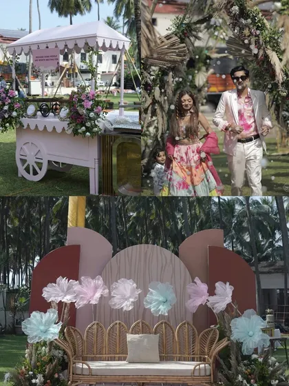 An overview of the tropical carnival decor, including a charming pink food cart, a bohemian-style seating area with paper flowers, and the couple's bubble-filled entrance.