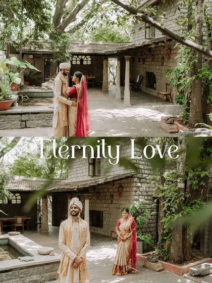 Duplicate of image 31, a collage of the couple in a beautiful, rustic venue.