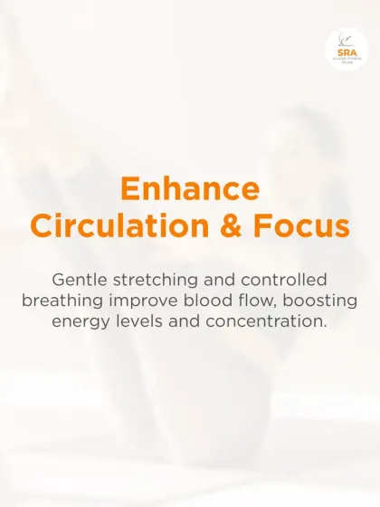 Pilates enhances circulation and focus through gentle stretching and controlled breathing. This improves blood flow, boosting energy levels and concentration.