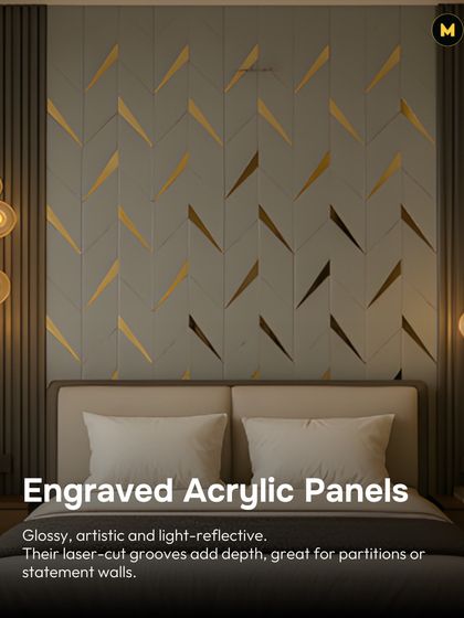 Engraved acrylic panels are glossy, artistic, and reflective. The laser-cut grooves add depth and a touch of glamour, making them great for partitions or statement walls behind a bed.