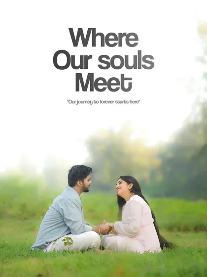 A serene and soulful portrait of a couple sitting in a green field. The text overlay "Where Our Souls Meet" perfectly captures the mood of the image, which is all about deep connection and the start of a shared journey.
