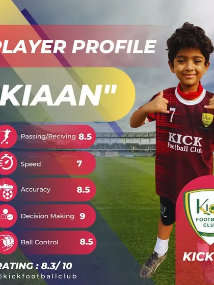 Kiaan's player profile reflects his strong passing, accuracy, and ball control, making him a key player in our junior advanced batch.
