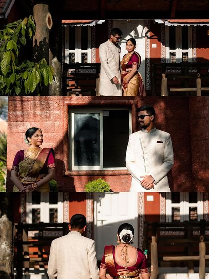 A collage of stylish portraits of a couple in a traditional setting. The images play with sunlight, shadows, and different compositions.