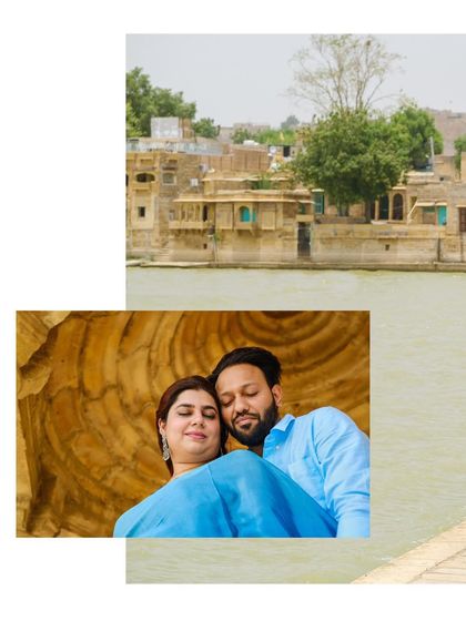 A collage capturing the beauty of Jaisalmer, from the historic Gadisar Lake to a quiet, tender moment shared by the couple.