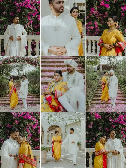 A grid of nine images showcasing various romantic and candid moments from a Maharashtrian wedding, telling a complete story of their special day.