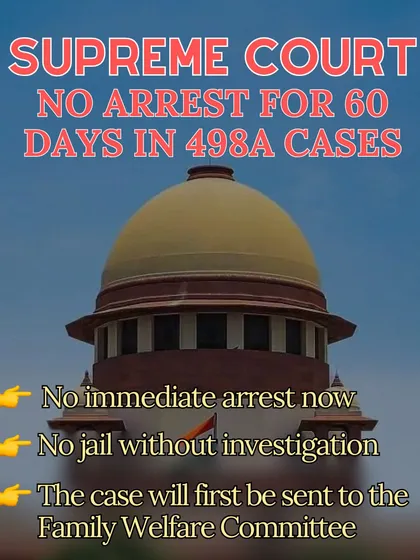 This infographic explains the Supreme Court's new guidelines for 498A cases in English. Key takeaways are no immediate arrest, no jail without investigation, and the case first goes to a Family Welfare Committee for mediation.