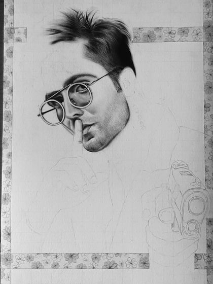 The 90-hour process behind my photorealistic pencil drawing of Harrdy Sandhu. Notice the detail in the sunglasses reflection and the texture of the shirt.