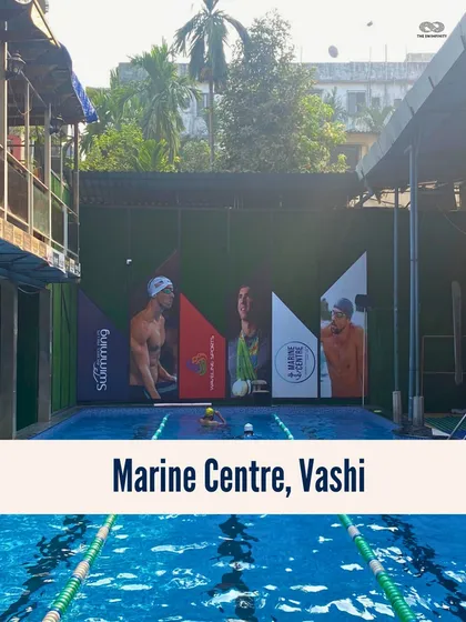 A clear view of our training facility at Marine Centre, Vashi. The pool is set up with lane lines, ready for structured training sessions where our swimmers work on speed, stamina, and technique in a professional environment.