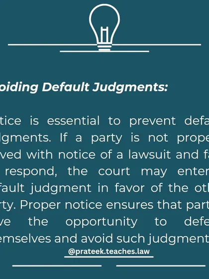 Proper notice is essential to prevent default judgments. It ensures that a party has the opportunity to defend themselves before a court makes a ruling.