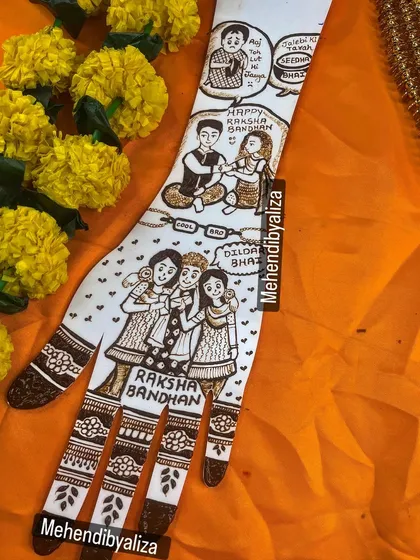 A heartwarming Raksha Bandhan design that tells a story of sibling love, complete with cartoon figures and inside jokes.