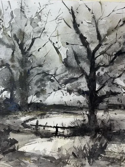 A landscape study in monochrome, titled 'The Power of Silence'. Using only black and white watercolor on paper, I aimed to capture the quiet, dramatic mood of the scene.