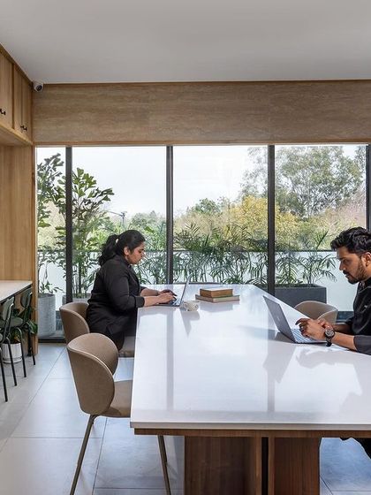 The spacious study table in our library, where students can work together on the theoretical aspects of pastry.