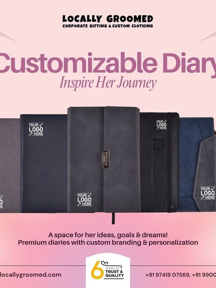 Our Women's Day gifting guide includes a variety of customizable diaries. These premium notebooks provide a space for ideas, goals, and dreams, making them an inspiring gift.