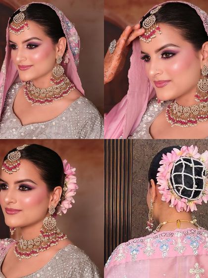 A collage showing the 'Noor' look from all angles. You can see the beautiful smokey eye, the flawless skin, and the elegant floral hair bun, all coming together perfectly.