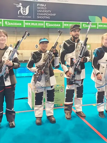 The top three teams of the 10M Air Rifle Mixed Team event, ready for the medal ceremony. We ensure that every winner is honored in a manner befitting their incredible achievement.