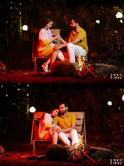A cozy bonfire scene at night. This collage captures the warmth and intimacy of a romantic evening during a pre-wedding shoot.