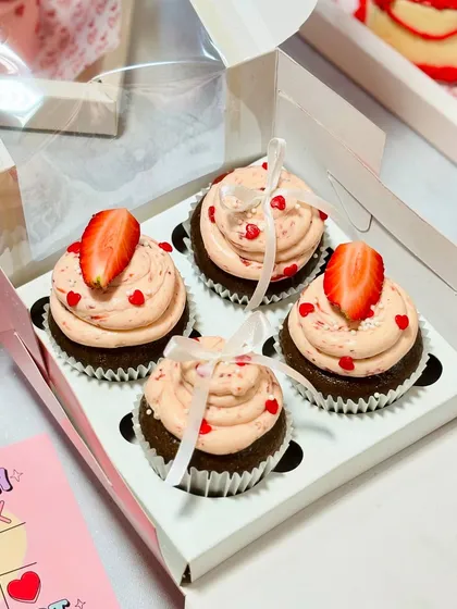 My "Bow Me" cupcakes with fresh strawberries and tiny heart sprinkles were a limited edition treat for Valentine's Day.