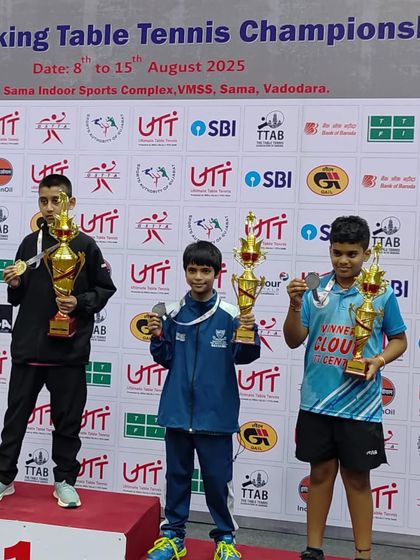 The U11 Boys podium at the National Ranking tournament, with our player Sharvil K proudly displaying his bronze medal and trophy.