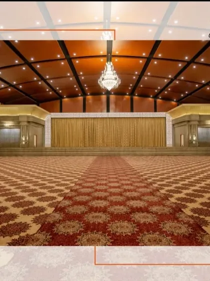 The expansive, carpeted floor of Maanikya, ready to be configured for a large conference, reception, or wedding. The pillar-less design offers unobstructed views and maximum flexibility for seating arrangements and stage setups.