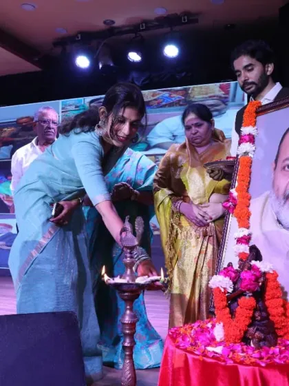 The traditional lamp lighting ceremony to inaugurate the Dhwani Kala Mahotsav. This ritual symbolizes the dispelling of darkness and the beginning of a joyous celebration of art and culture.