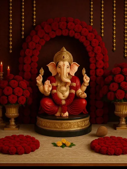 A deep and passionate all-red Ganpati setup. The idol is placed within a floral arch of red roses, complemented by matching flower arrangements in traditional vases, creating a powerful and devotional mood.