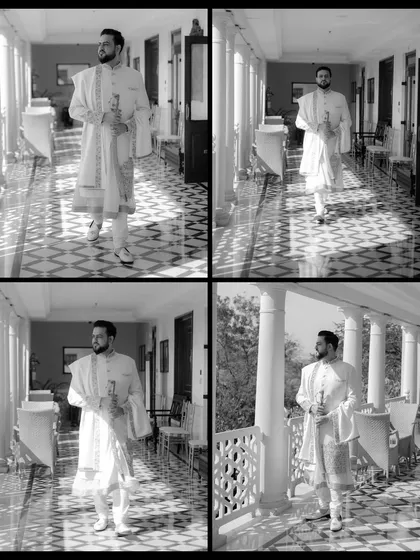 A black and white collage of the groom in his white sherwani, captured in various moments as he walks through a sunlit palace corridor.