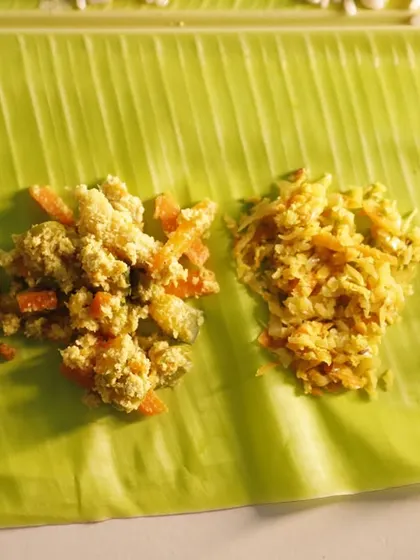 My Superfood Veg Sadya is a celebration of Kerala's bounty. Here you see a colourful lineup of thorans (stir-fried vegetables with coconut) and a cooling pachadi, each packed with nutrition and authentic taste.