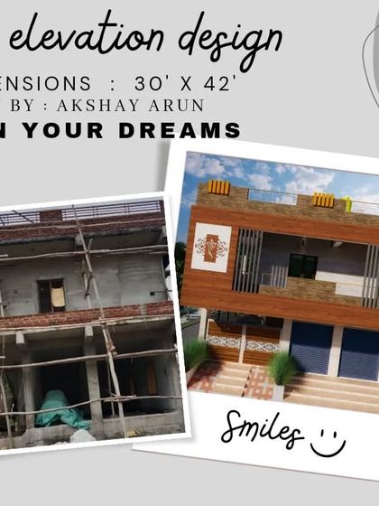 Here you can see the direct translation from my 3D elevation design to the building under construction for a 30 by 42 feet north-facing site. This ensures accuracy and client satisfaction.