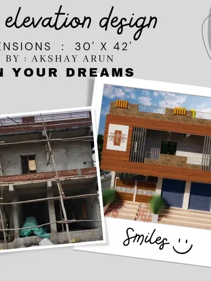 Here you can see the direct translation from my 3D elevation design to the building under construction for a 30 by 42 feet north-facing site. This ensures accuracy and client satisfaction.